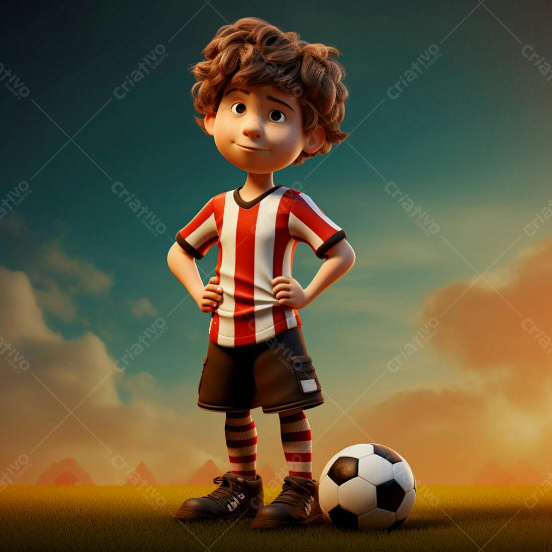 Menino jogador de futebol em campo ao entardecer