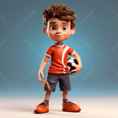 Garoto jogador de futebol vestindo uniforme de futebol com uma bola 3d 4