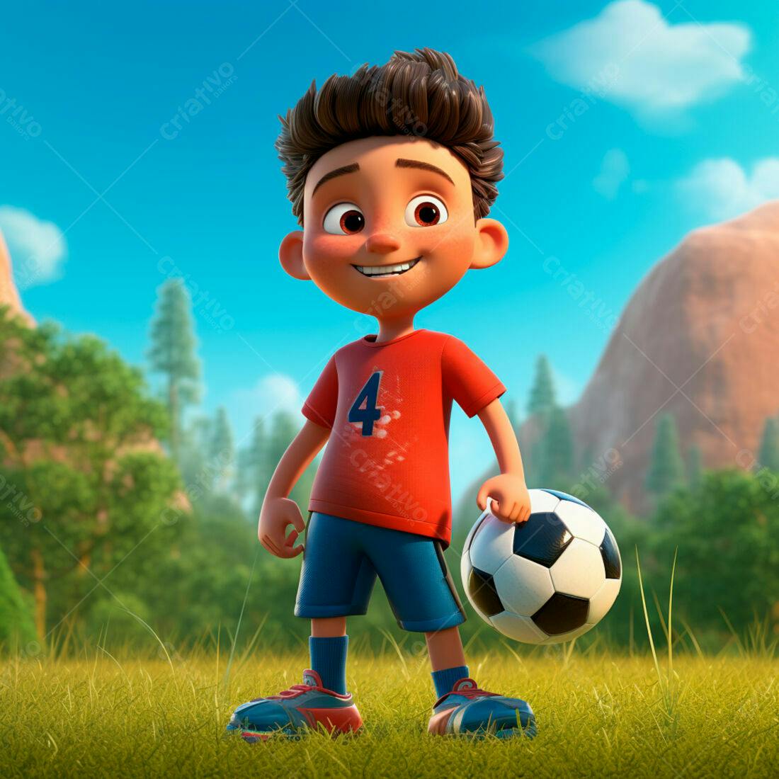 Menino com bola de futebol em campo gramado