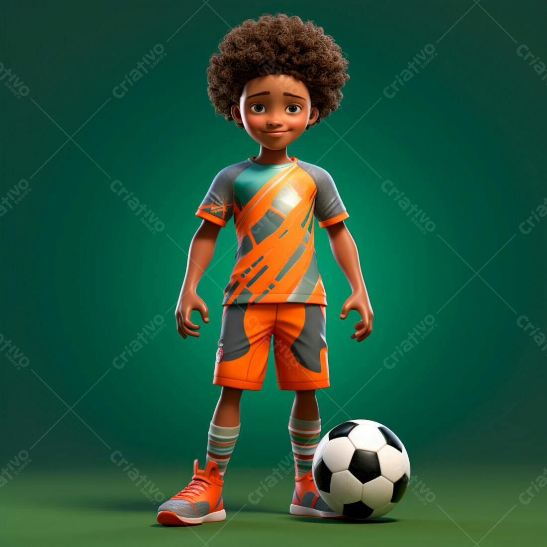 Menino negro com uniforme laranja jogando futebol