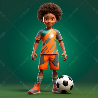 Garoto jogador de futebol vestindo uniforme de futebol com uma bola 3d 6