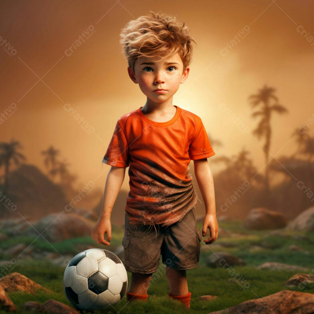 Menino sujo com bola de futebol ao entardecer