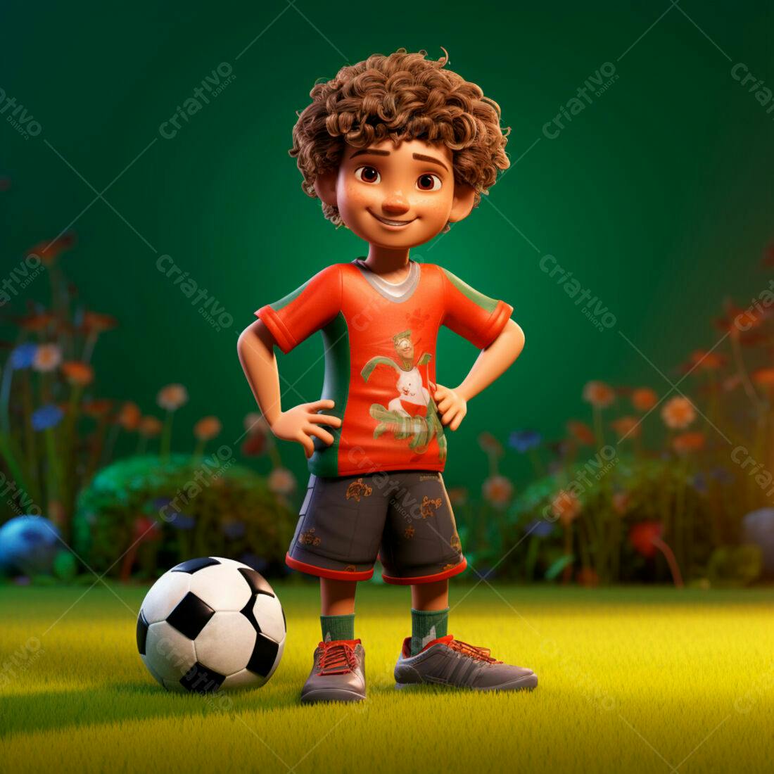 Menino sorridente com bola de futebol em jardim