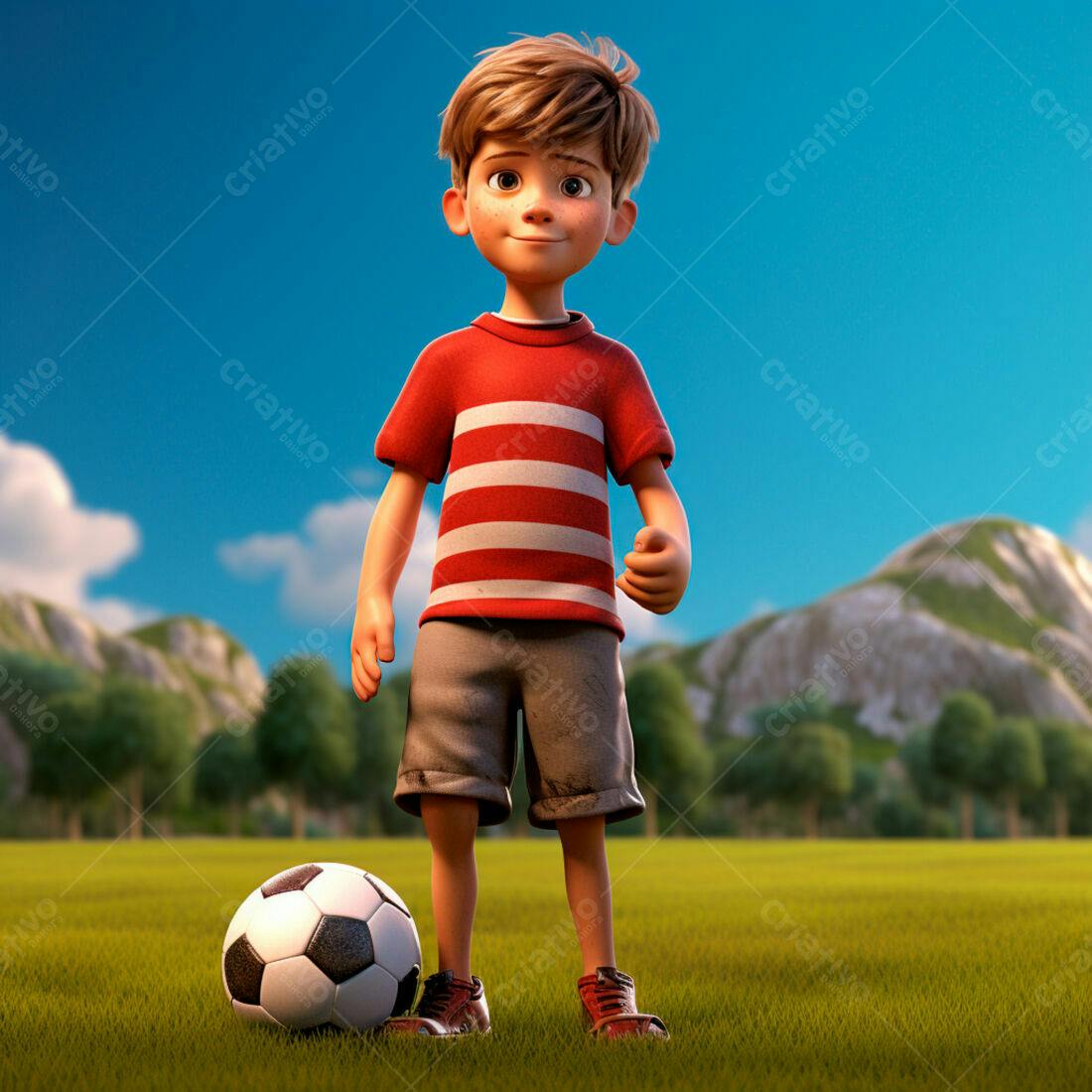 Menino com bola de futebol em campo gramado