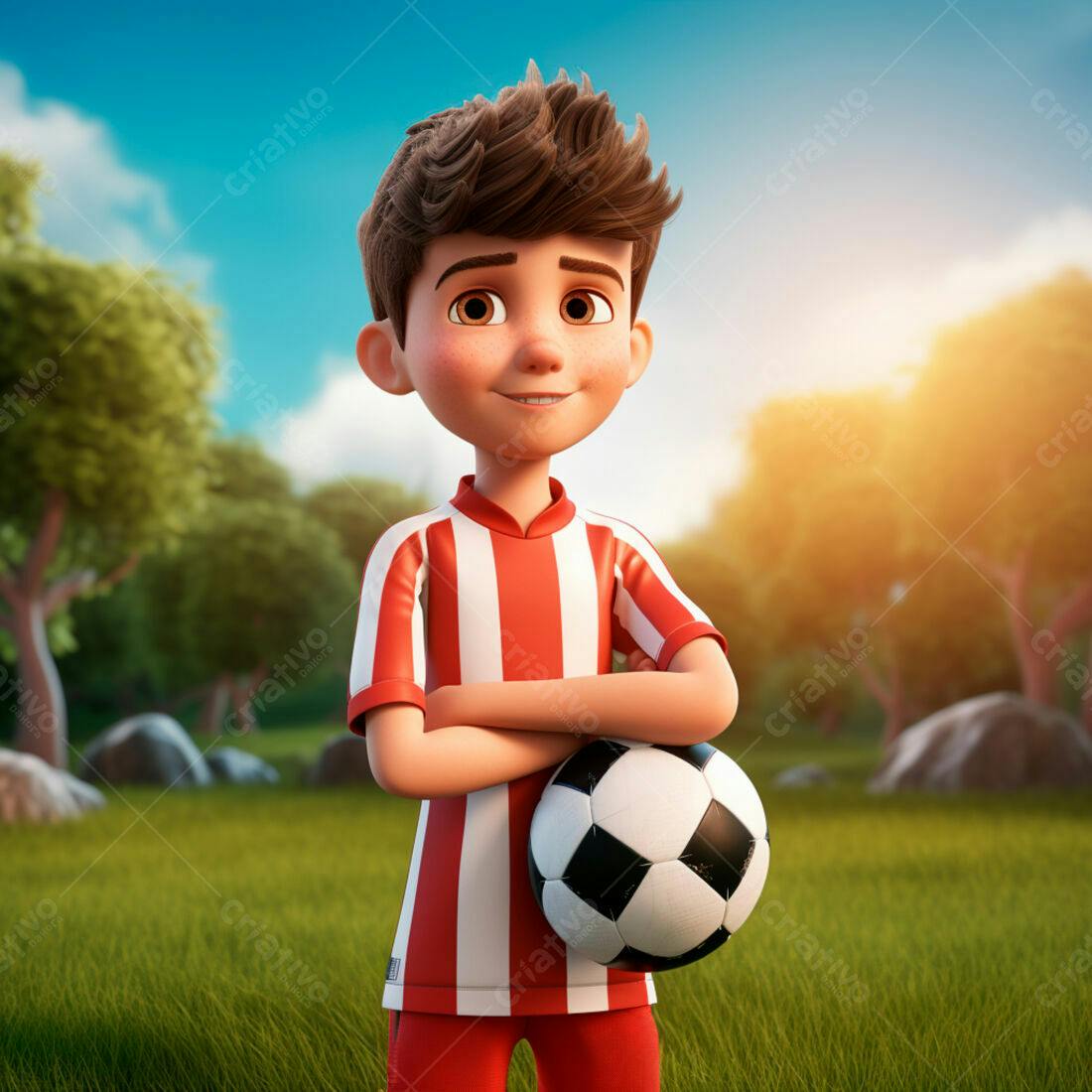 Menino jogador de futebol em campo ensolarado
