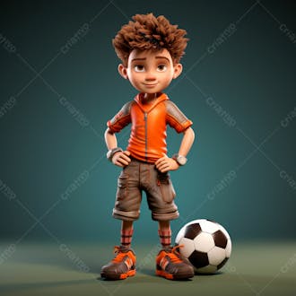 Garoto jogador de futebol vestindo uniforme de futebol com uma bola 3d 13