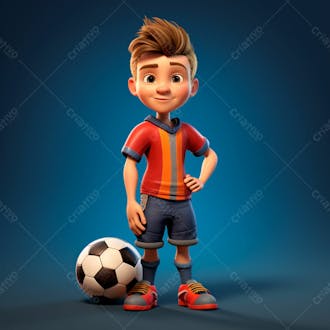 Garoto jogador de futebol vestindo uniforme de futebol com uma bola 3d 14