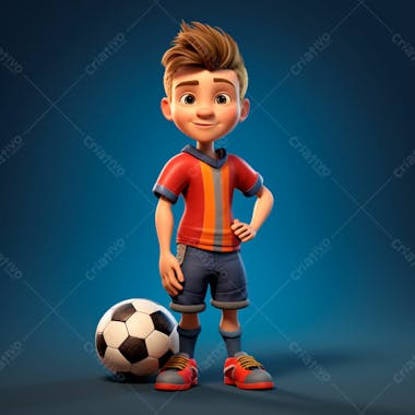 Garoto jogador de futebol vestindo uniforme de futebol com uma bola 3d 14