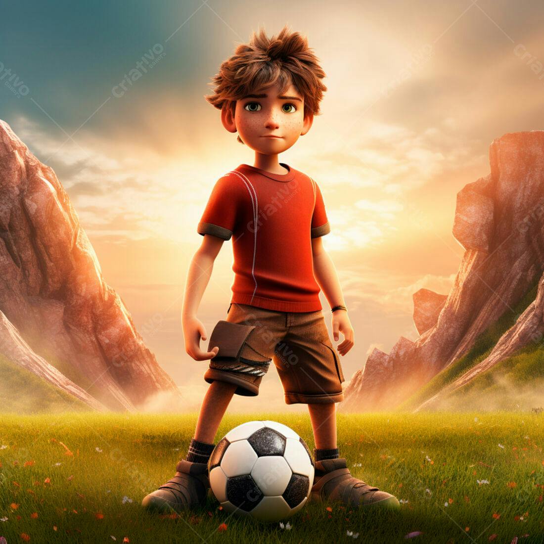 Menino com bola de futebol em paisagem montanhosa