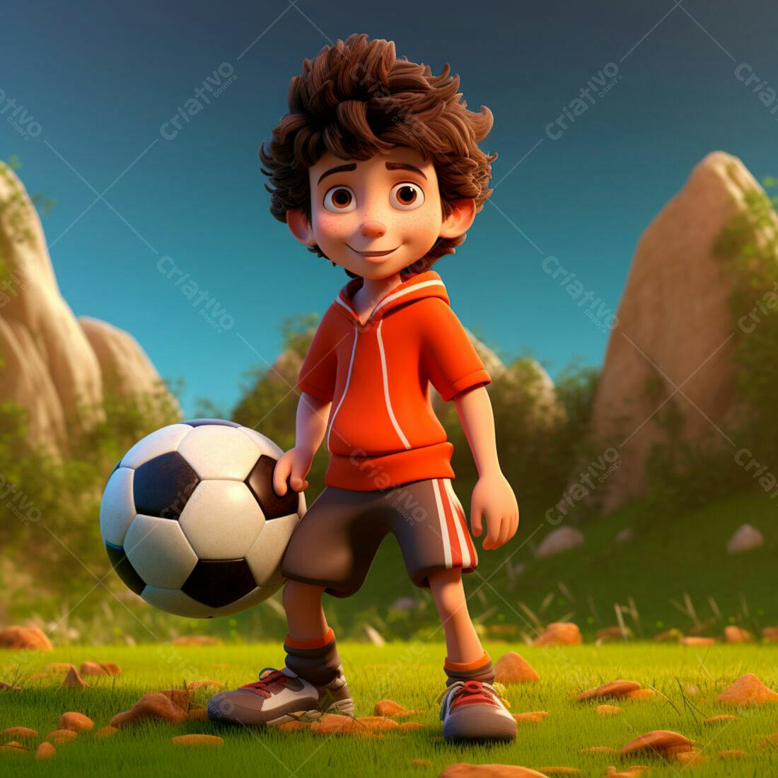 Menino com bola de futebol em campo gramado