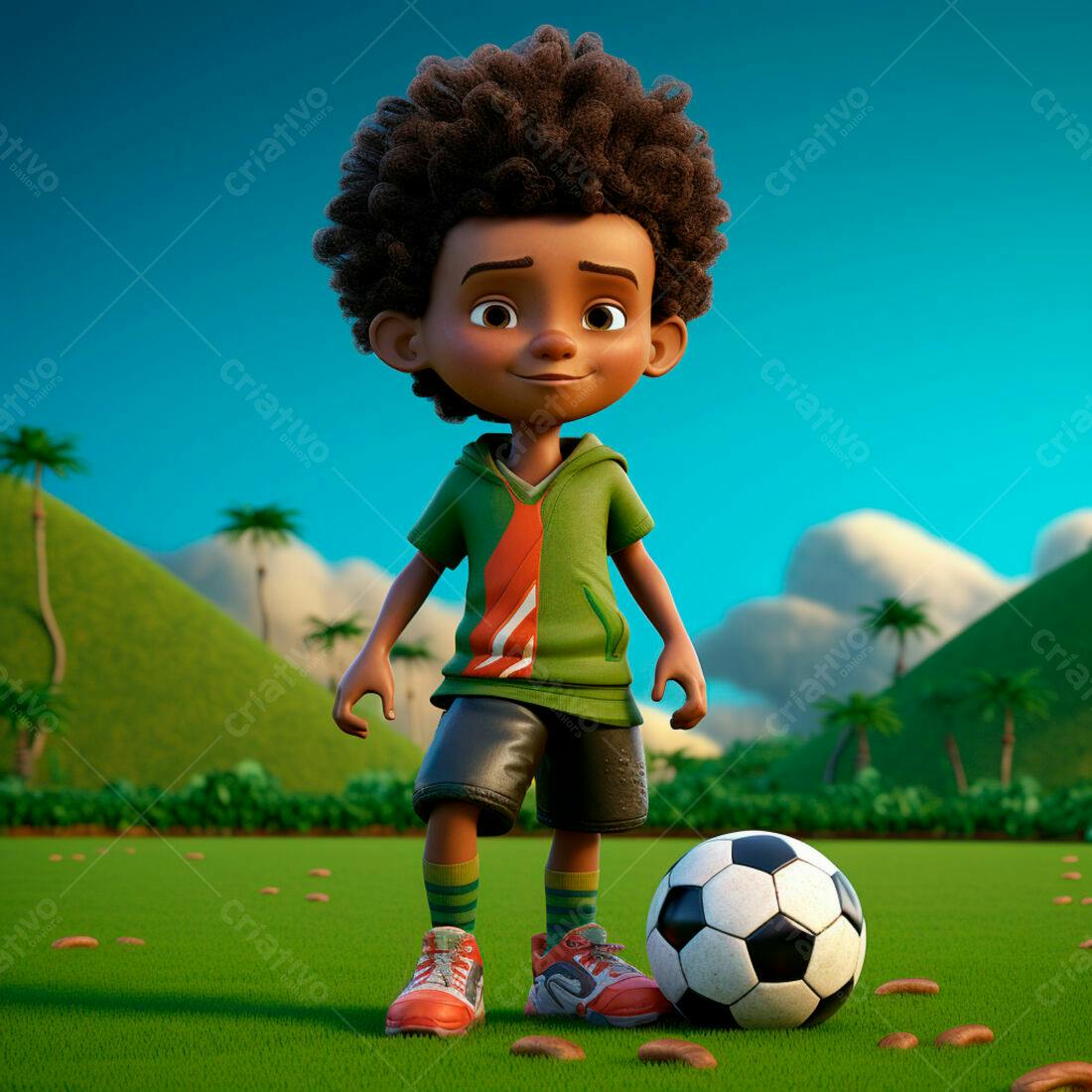 Menino negro com bola de futebol em campo verde