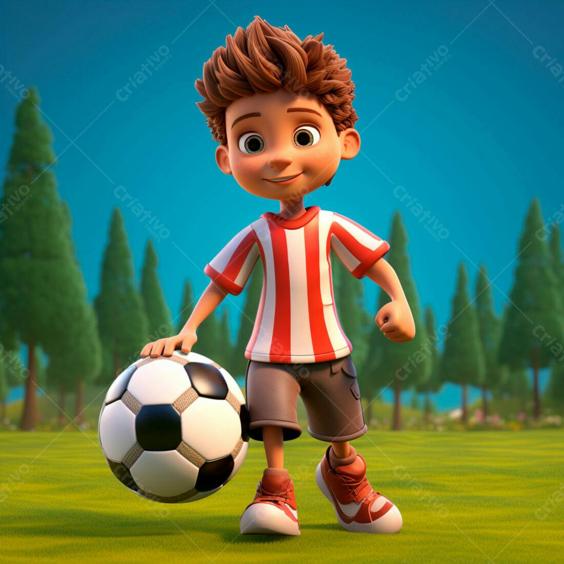 Menino com bola de futebol em campo gramado