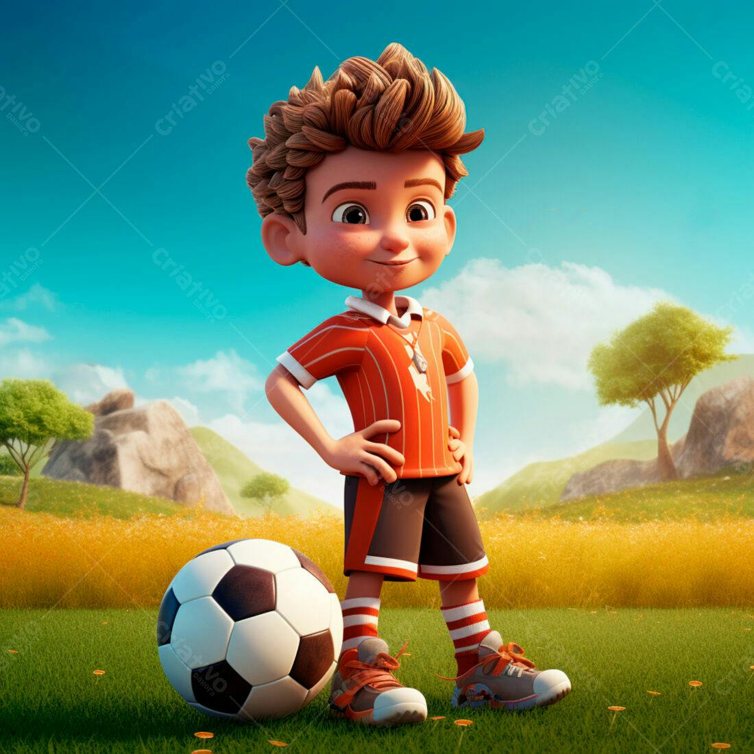 Menino jogador de futebol em campo ensolarado