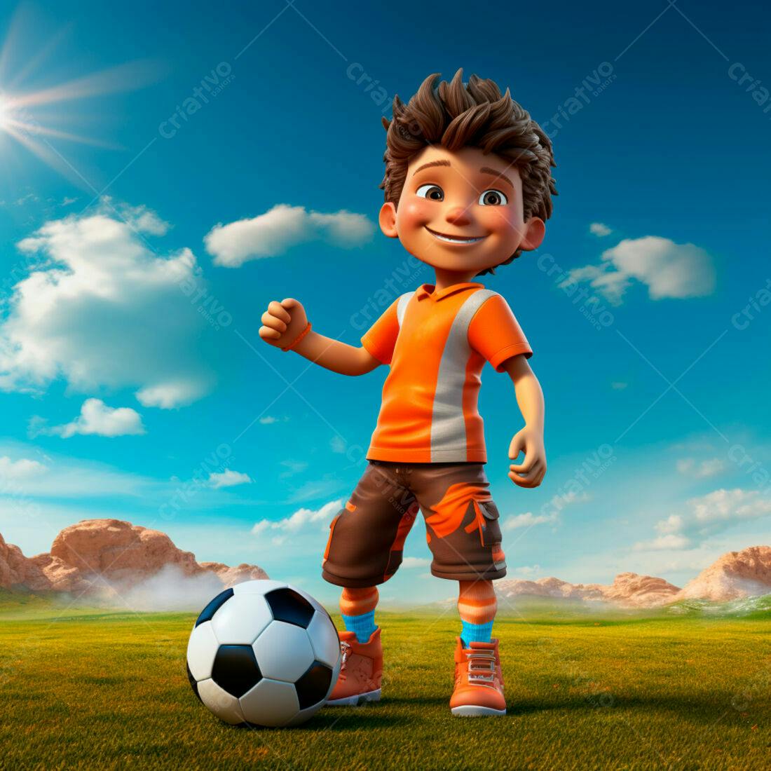 Menino feliz com bola de futebol em campo ensolarado