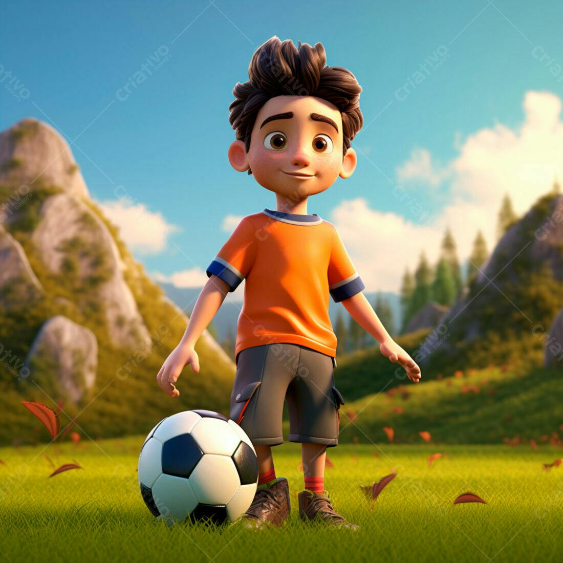 Menino com bola de futebol em campo gramado