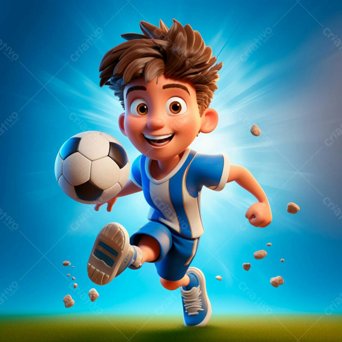 Menino jogando futebol azul e branco