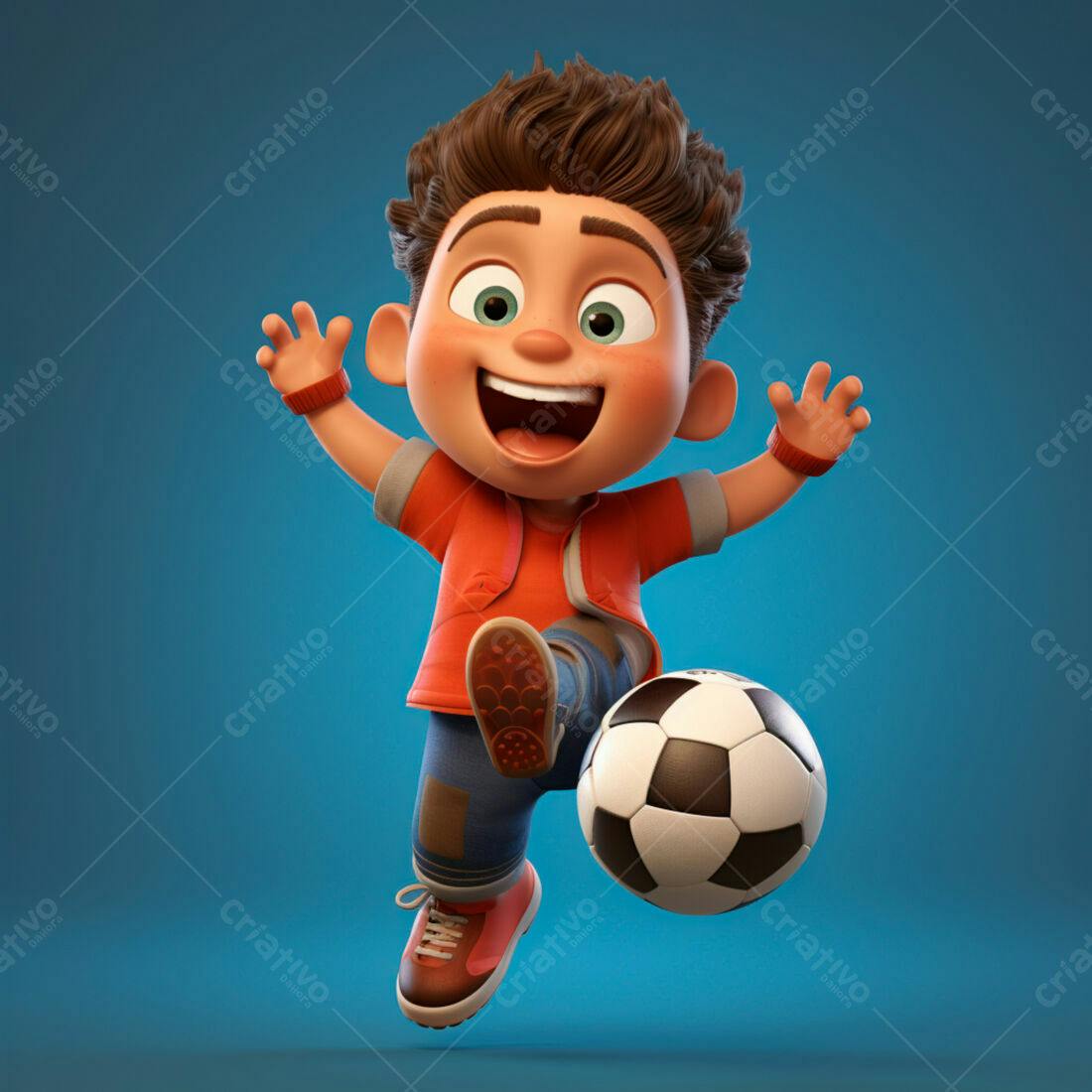 Menino chutando bola de futebol em fundo azul