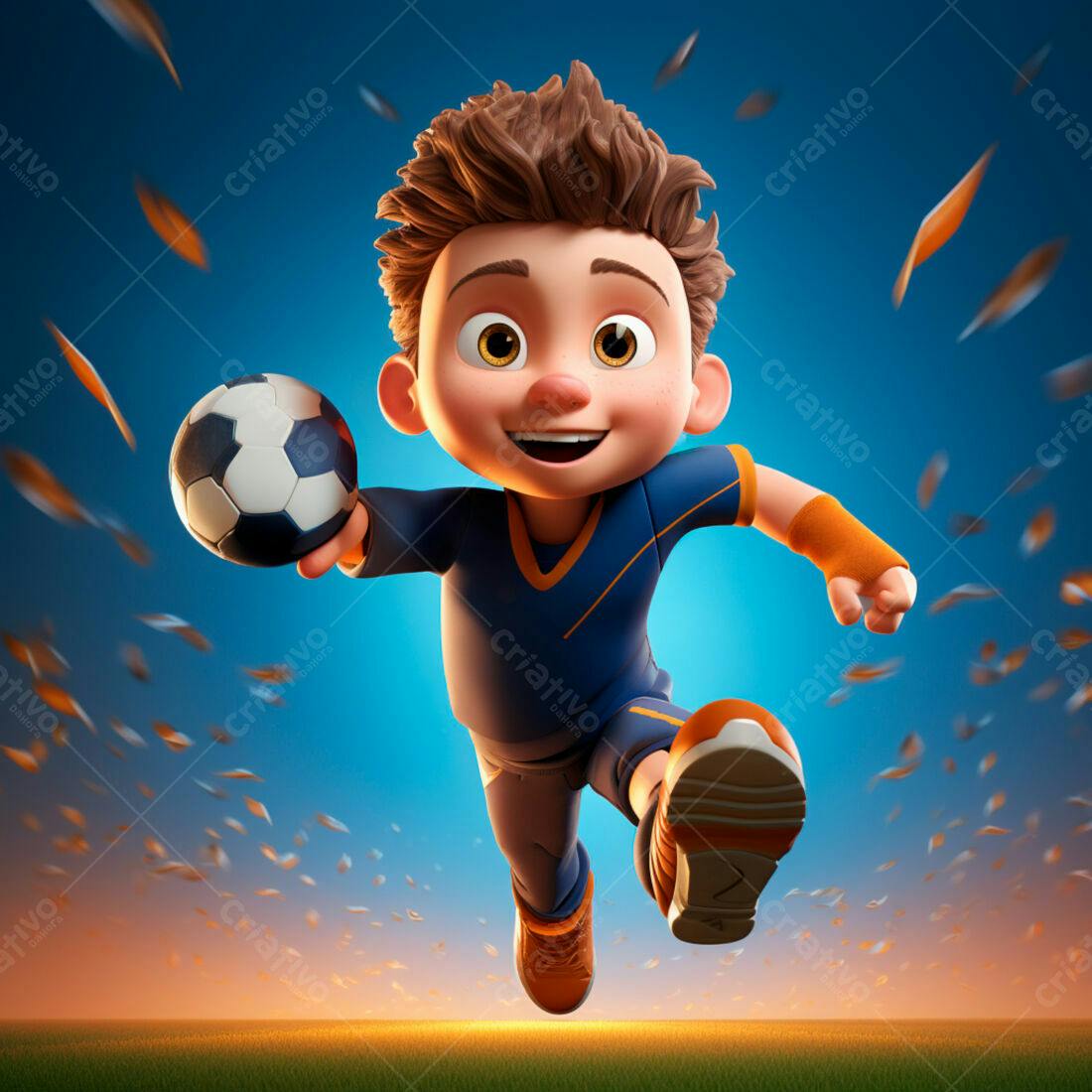 Menino correndo com bola de futebol ao entardecer