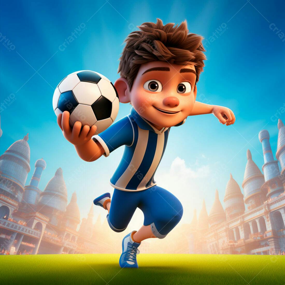 Menino correndo com bola de futebol em cenário de castelo