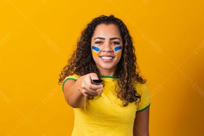 Mulher Torcedora Brasil Copa Do Mundo Controle Da Tv