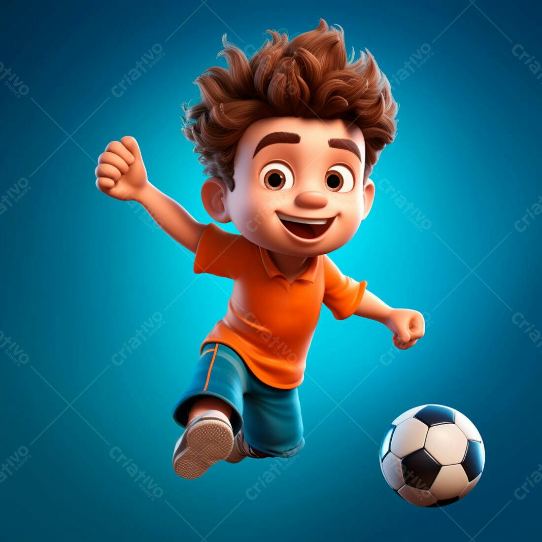 Menino chutando bola futebol animação 3D