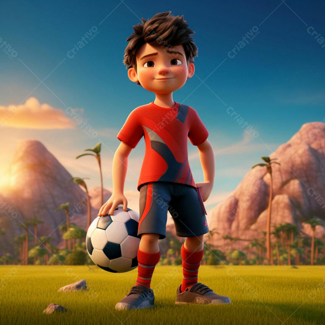 Menino jogador de futebol em campo ao entardecer