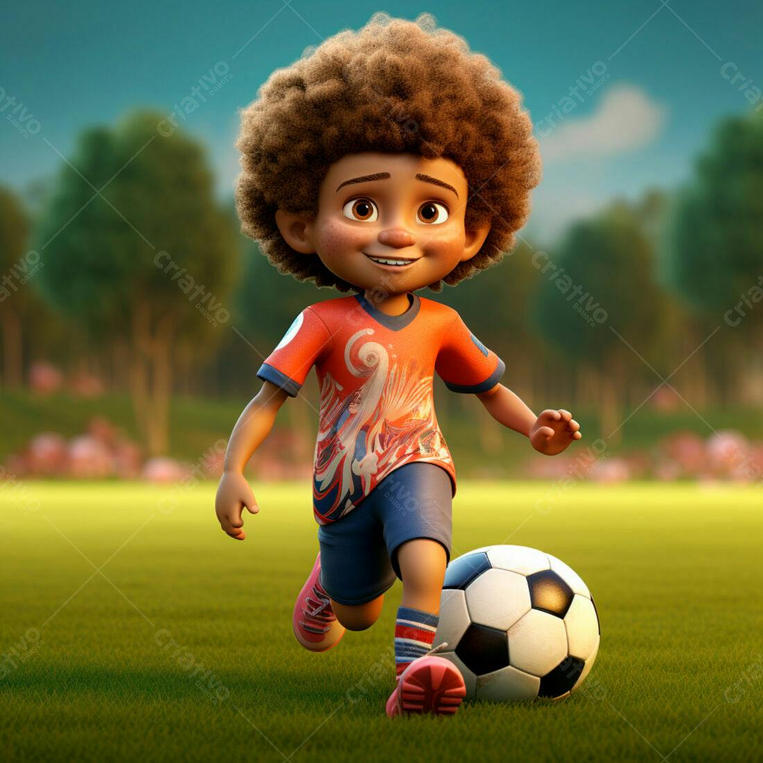 Menino com cabelo afro chutando bola de futebol