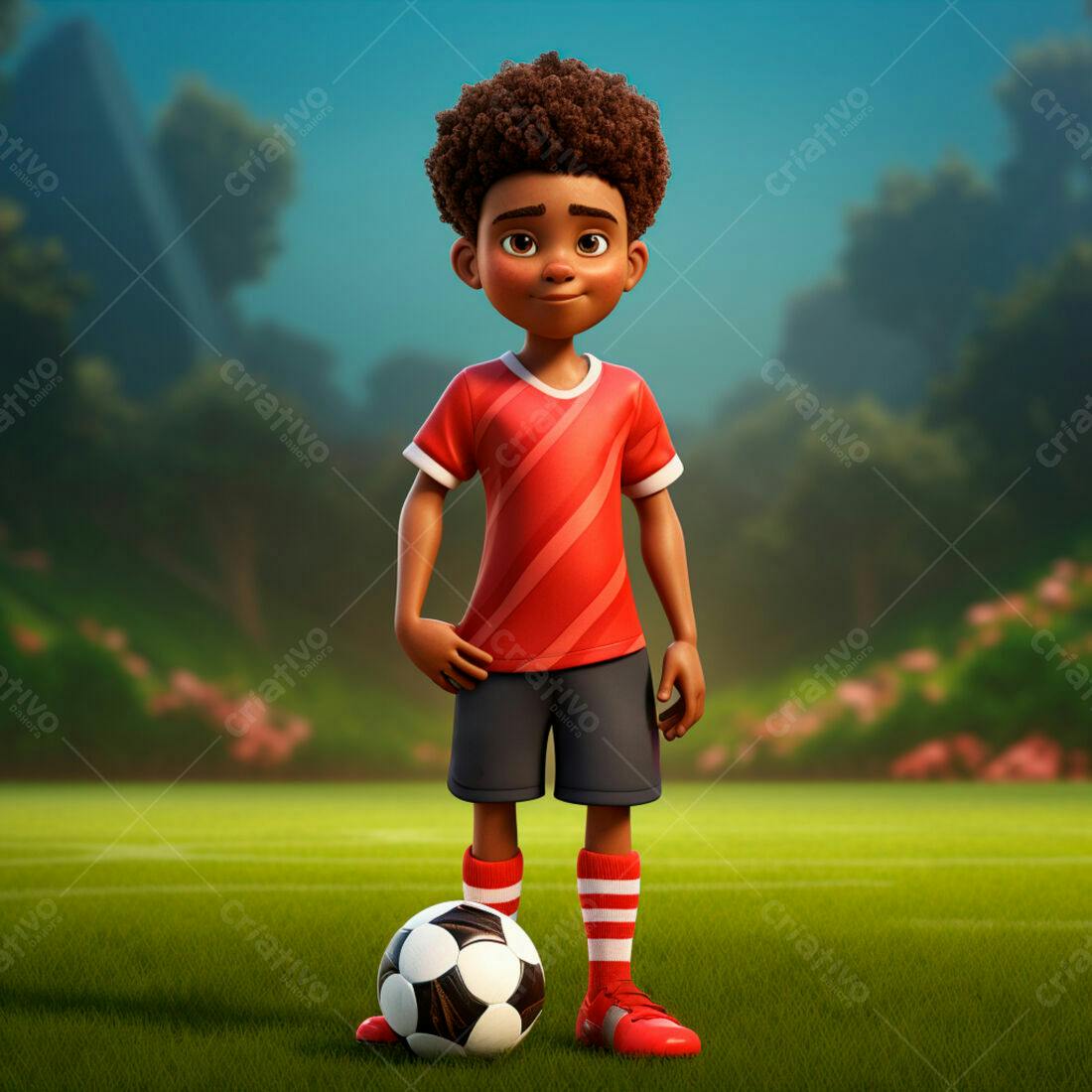 Menino jogador de futebol em campo gramado
