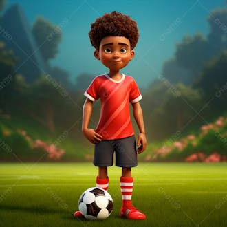 Garoto jogador de futebol vestindo uniforme de futebol com uma bola 3d 36