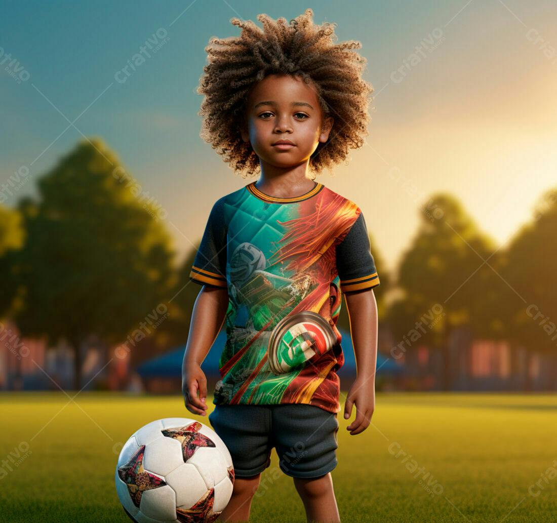 Criança negra com bola de futebol em campo