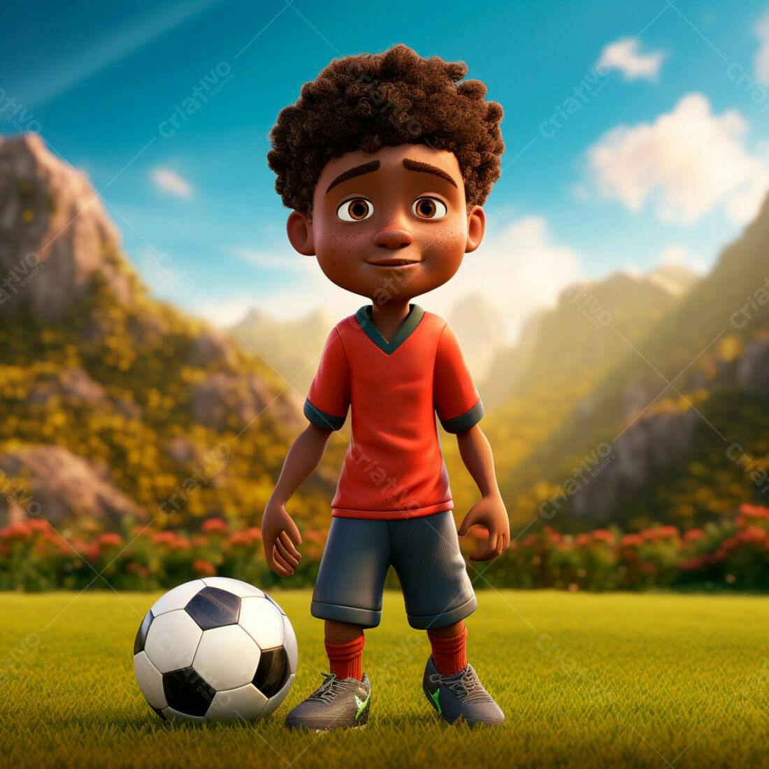 Menino negro com bola de futebol em campo gramado