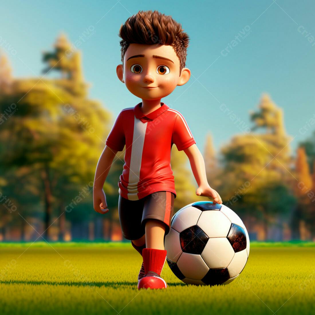 Menino jogador de futebol em campo ensolarado