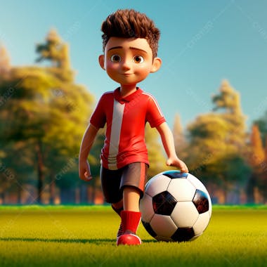 Garoto jogador de futebol vestindo uniforme de futebol com uma bola 3d 40