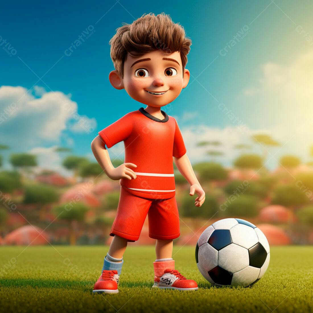 Menino sorridente com bola de futebol em campo
