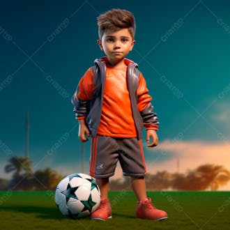 Garoto jogador de futebol vestindo uniforme de futebol com uma bola 3d 41