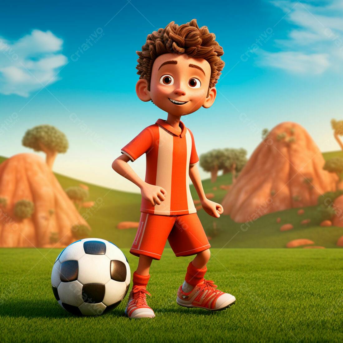 Menino jogador de futebol em campo ensolarado