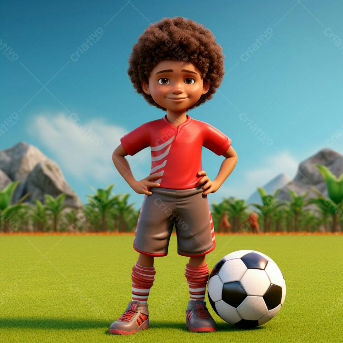 Menino jogador de futebol em campo ensolarado