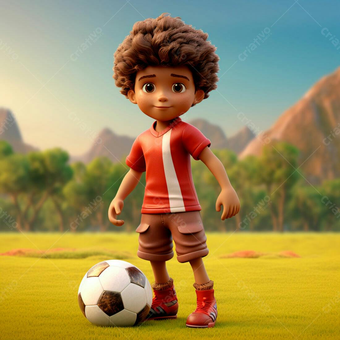 Menino com bola de futebol em campo ensolarado
