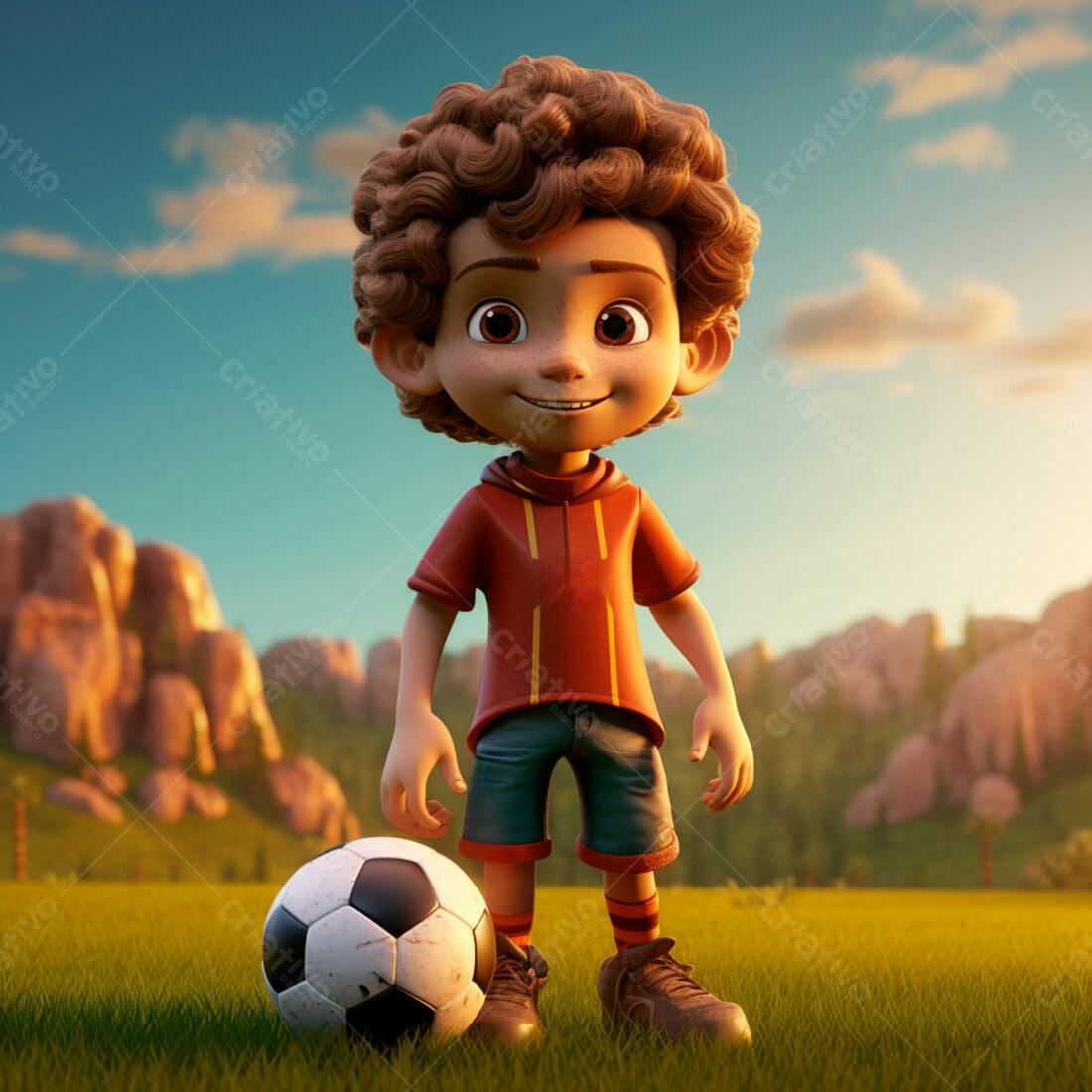 Menino sorridente com bola de futebol em campo