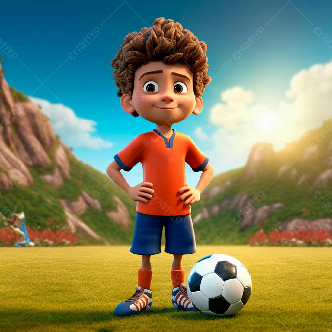 Menino jogador de futebol em campo ensolarado