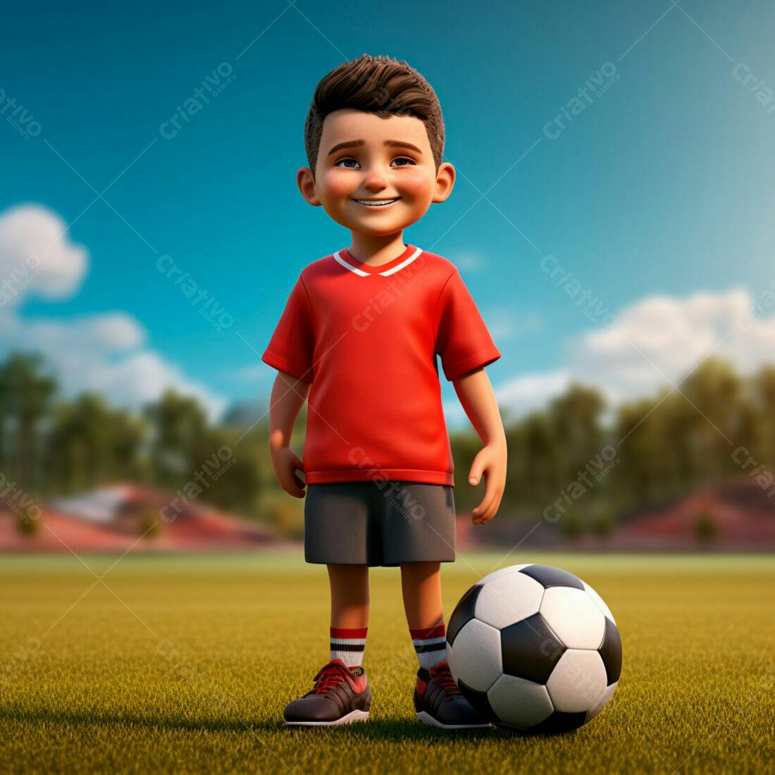 Menino sorridente com bola de futebol em campo gramado