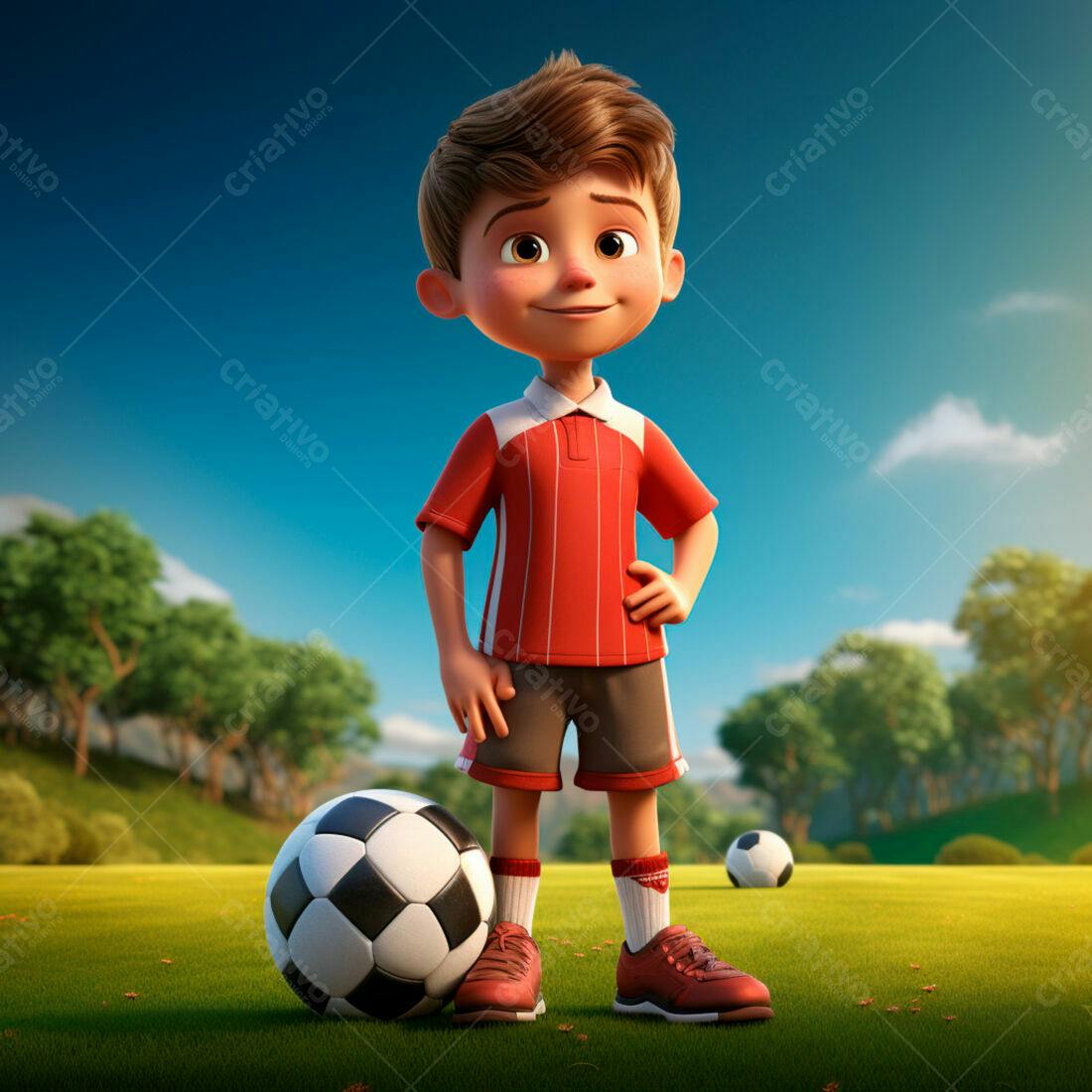 Menino jogador de futebol em campo ensolarado
