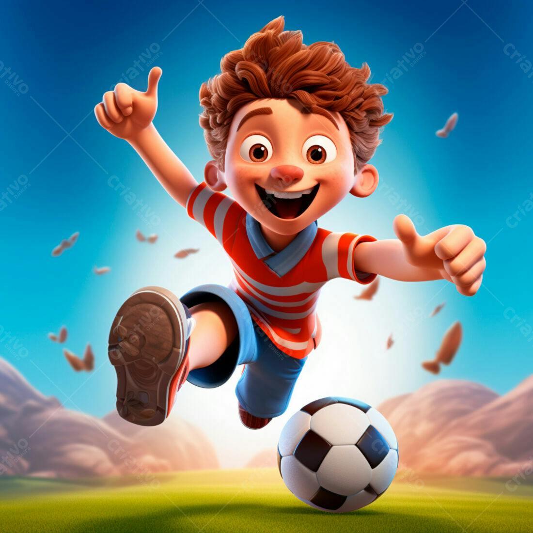Menino chutando bola futebol alegre paisagem