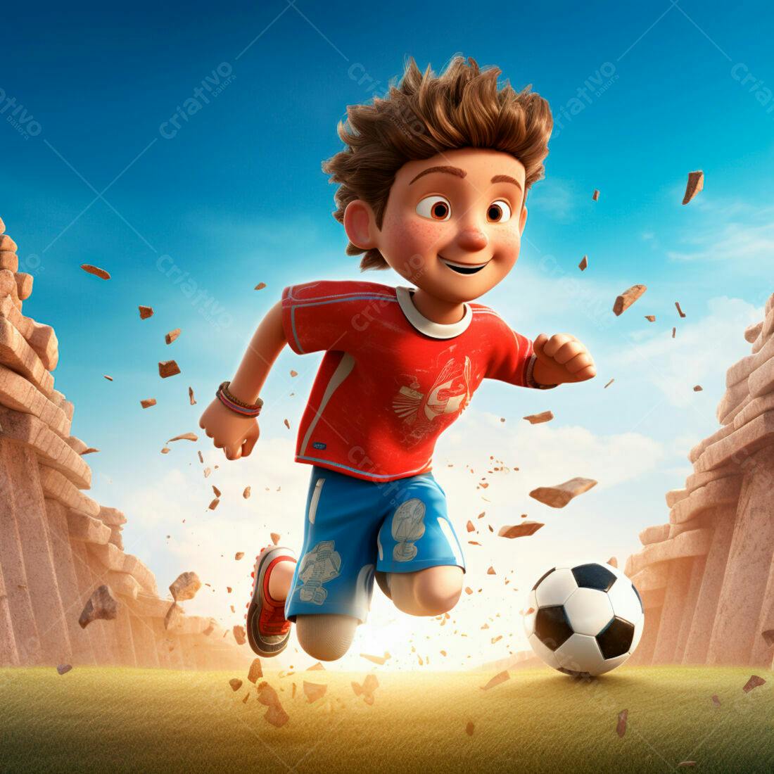 Menino correndo com bola de futebol em cenário desértico