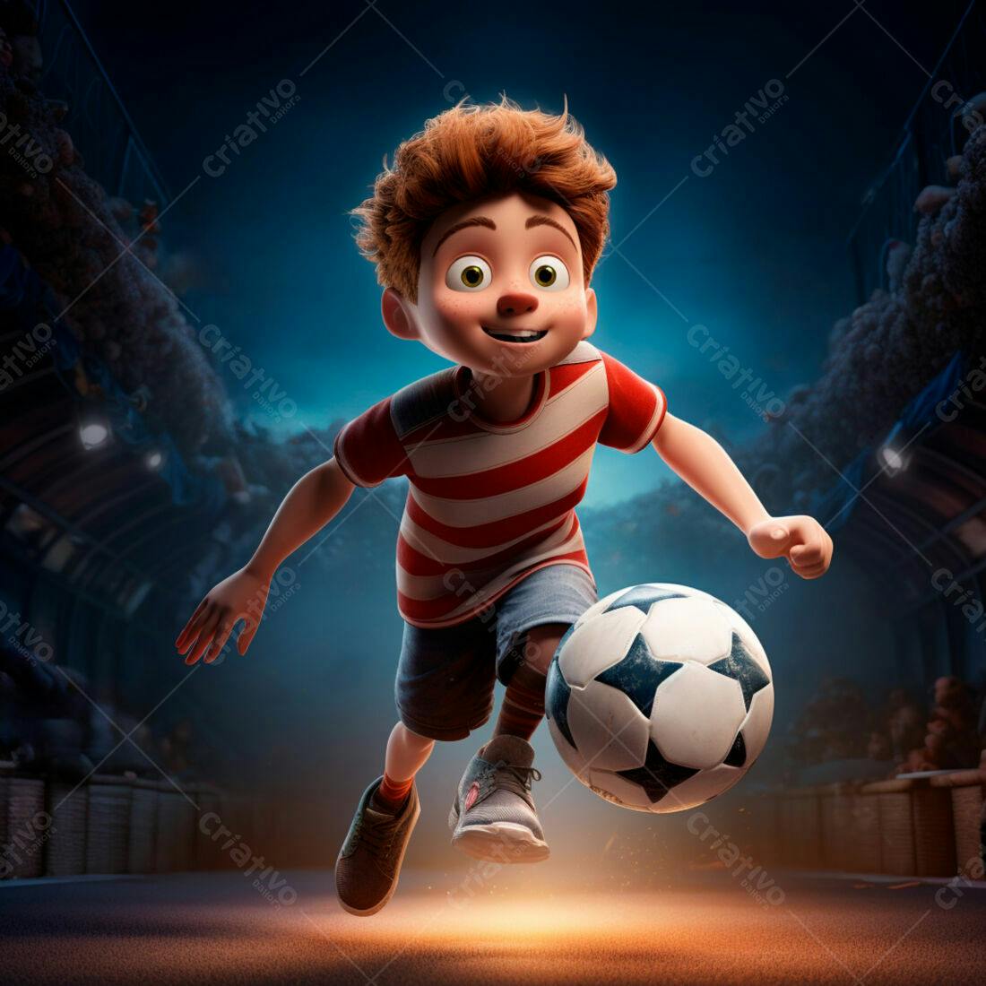 Menino ruivo driblando bola de futebol
