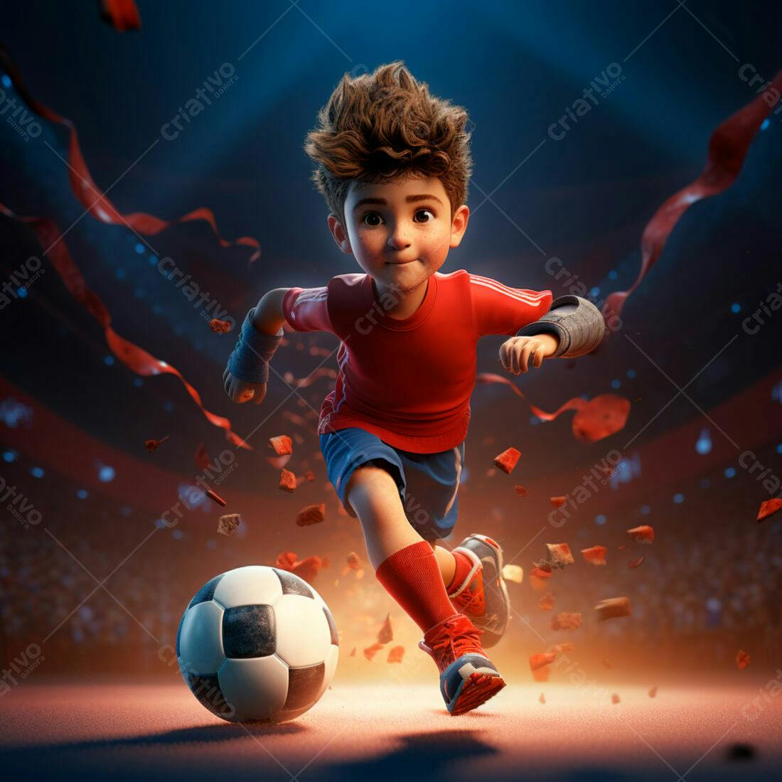 Menino jogando futebol em estádio