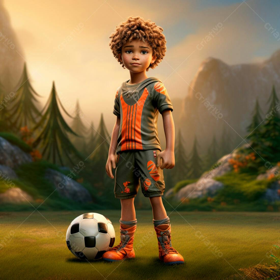 Menino jogador de futebol em cenário montanhoso
