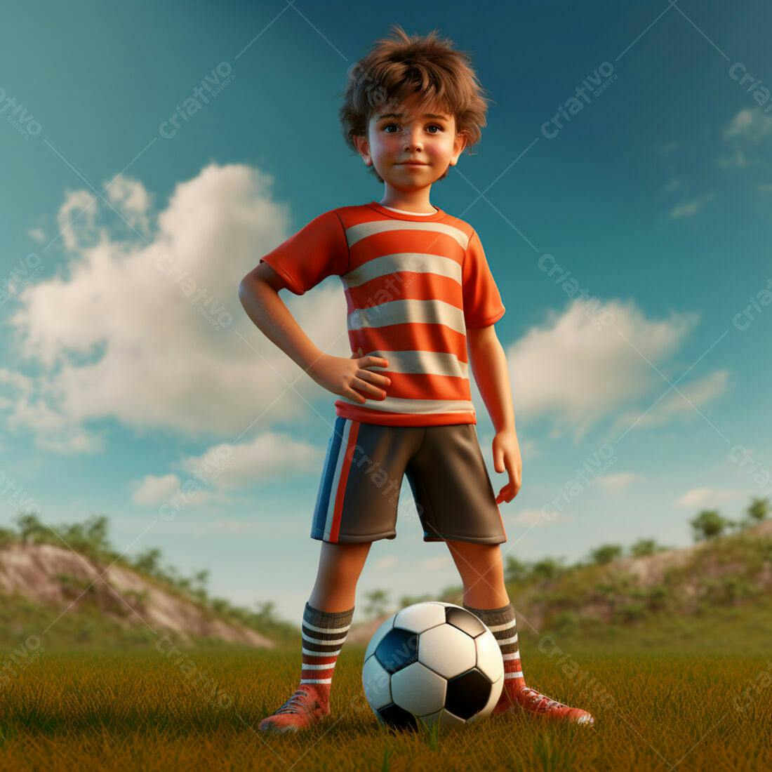 Menino jogador de futebol em campo ensolarado