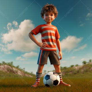 Garoto jogador de futebol vestindo uniforme de futebol com uma bola 3d 55