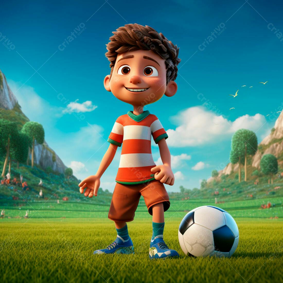Menino sorridente com bola de futebol em campo ensolarado